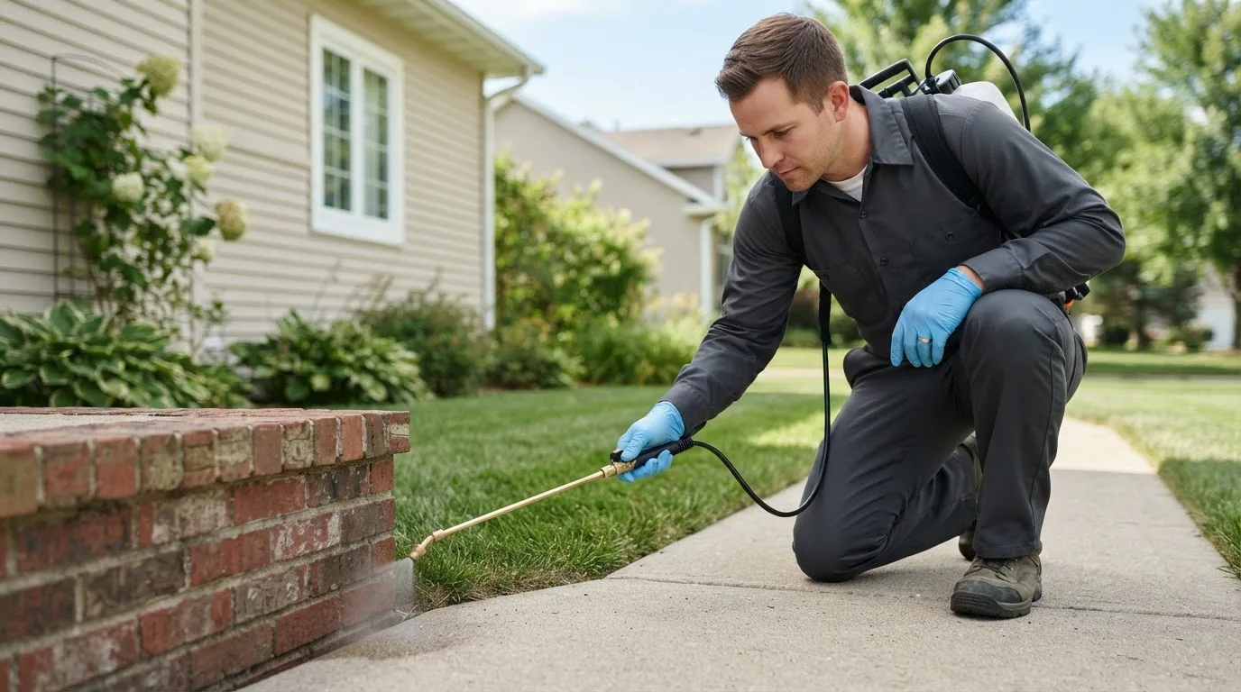 Pest control technician treating a home near Wimbledon, ND